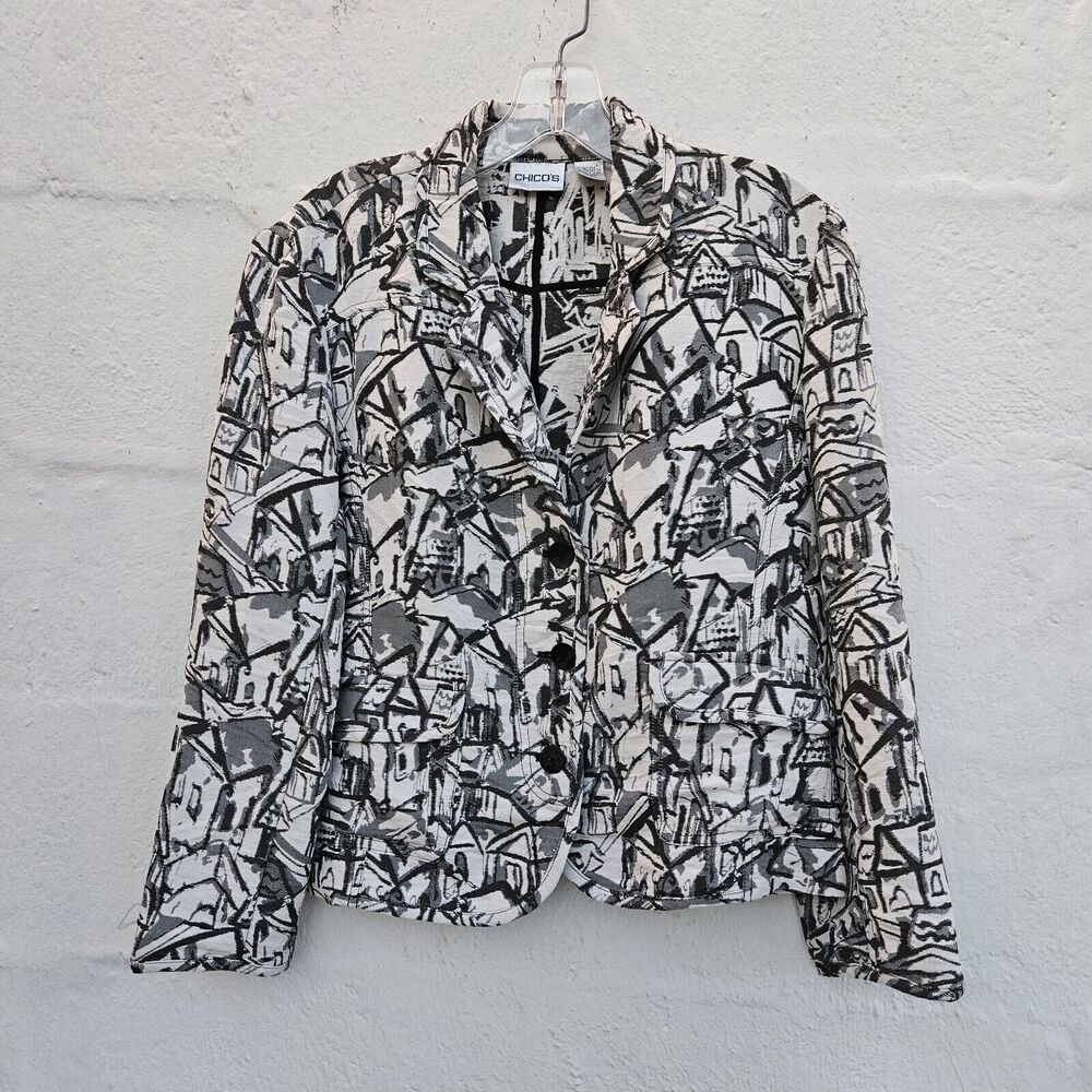 Chicos Jacket Womens 1 Black‎ White Silk Cropped Blazer Pockets Artsy Graphic